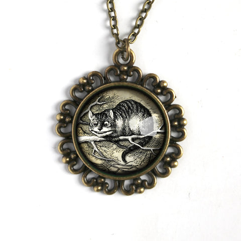 Alice in Wonderland Cheshire Cat Large Pendant Necklace in Ornate Frame