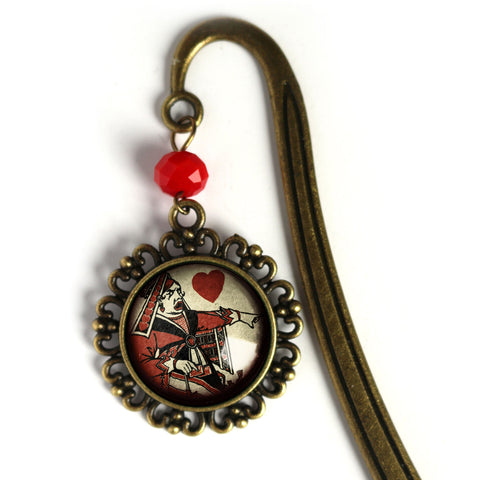 CLEARANCE - Alice in Wonderland Red Queen of Hearts Glass Cabochon Brass Book Hook / Bookmark
