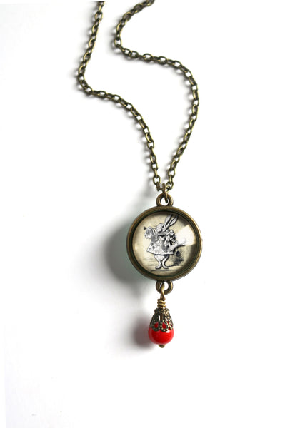 Alice in Wonderland White Rabbit Large Pendant Necklace in Ornate Frame