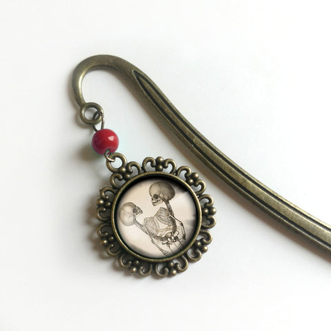 Siamese Twins Skeleton Glass Cabochon Brass Book Hook / Bookmark