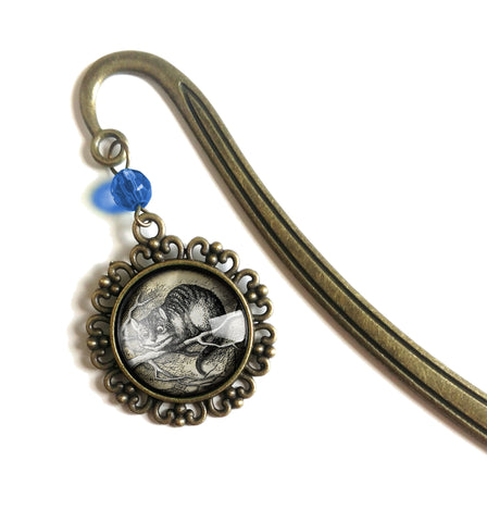 Alice in Wonderland Cheshire Cat Glass Cabochon Brass Book Hook / Bookmark