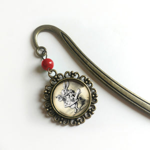 Alice in Wonderland White Rabbit Glass Cabochon Brass Book Hook / Bookmark
