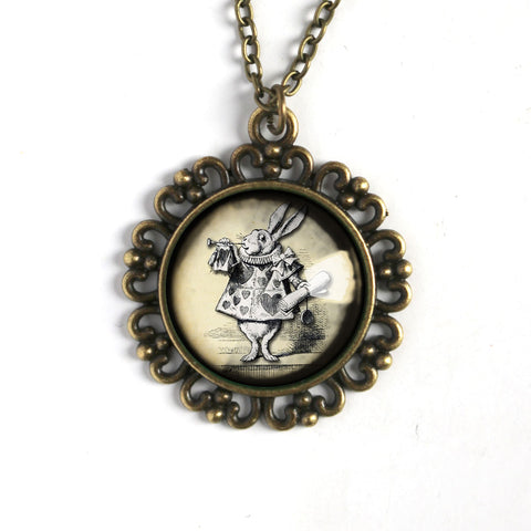 Alice in Wonderland White Rabbit Large Pendant Necklace in Ornate Frame