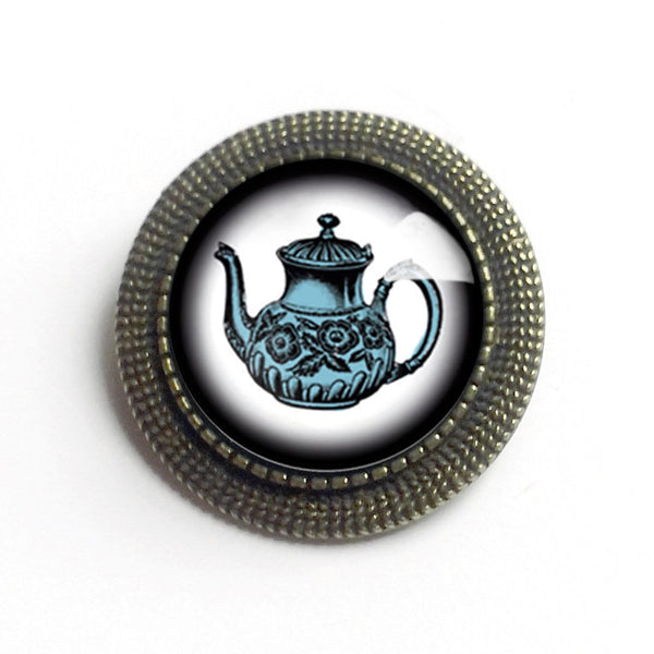 Blue Victorian Teapot Vintage Inspired Pin Brooch