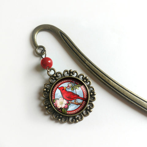 Cardinal Bird Glass Cabochon Brass Book Hook / Bookmark