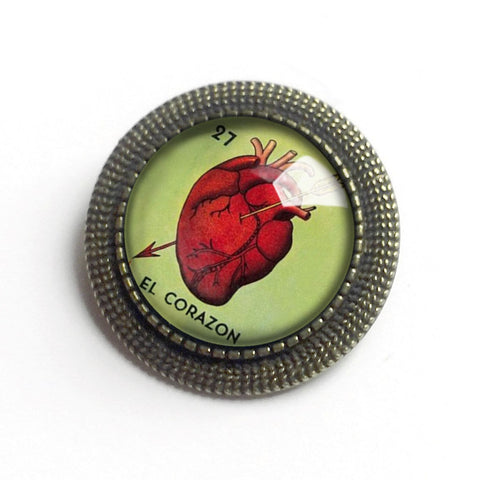 El Corazon Heart Loteria Themed Vintage Inspired Pin Brooch