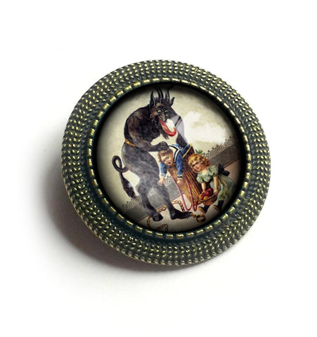 Krampus the Christmas Demon Vintage Inspired Pin Brooch - with Naughty Child Stuffed into Barrel