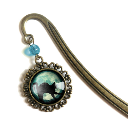Black Cat on Blue Full Moon brass book hook bookmark with dangling glass cabochon accent
