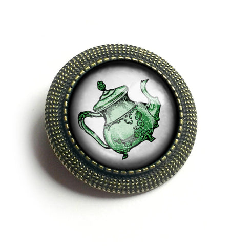 Green Victorian Teapot Vintage Inspired Pin Brooch