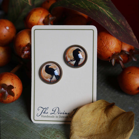Crow or Raven on Orange Moon Vintage Inspired Stud Earrings