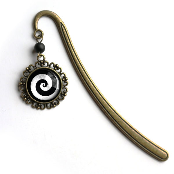 Hypnotist Black and White Spiral Swirl Glass Cabochon Brass Book Hook / Bookmark