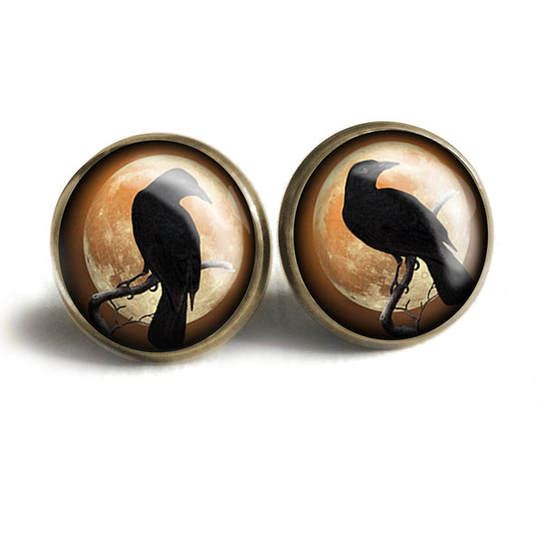 Crow or Raven on Orange Moon Vintage Inspired Stud Earrings