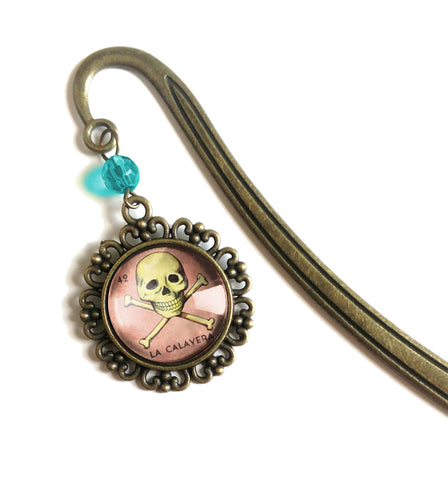 La Calavera Skull Loteria Themed Glass Cabochon Brass Book Hook / Bookmark