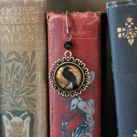 Crow or Raven on Orange Full Moon Glass Cabochon Brass Book Hook / Bookmark