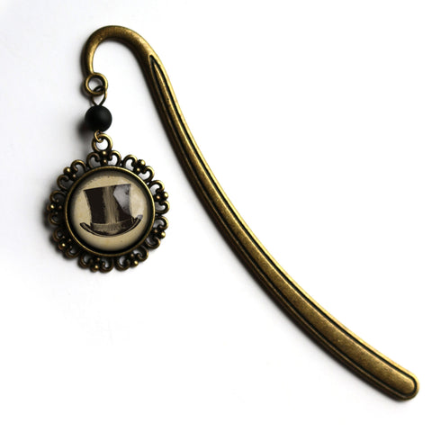 Steampunk Men's Top Hat Glass Cabochon Brass Book Hook / Bookmark