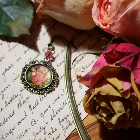 Victoria Tea Rose Glass Cabochon Brass Book Hook / Bookmark