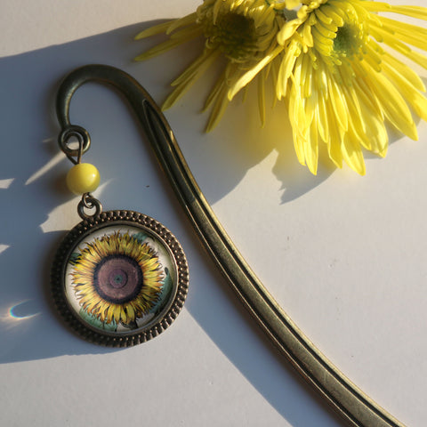 Sunflower Glass Cabochon Brass Book Hook / Bookmark