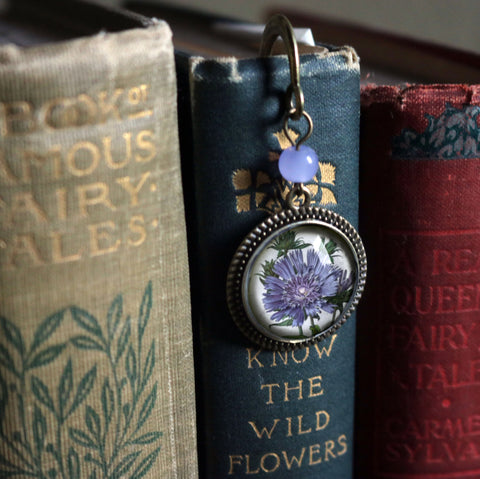 Purple Aster Flower Glass Cabochon Brass Book Hook / Bookmark