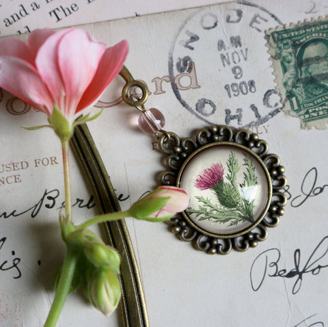 Scottish Thistle Flower Glass Cabochon Brass Book Hook / Bookmark