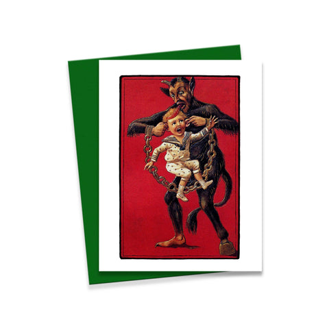 Krampus Carrying Naughty Child by the Ears Set of Four Blank A-2 Note Cards with Matching Envelopes and "The Story of the Krampus" Inserts