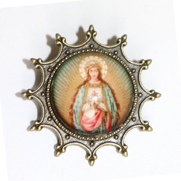 Madonna of Guadalupe Our Lady of the Stars  Reversed Decoupage Glass Brooch