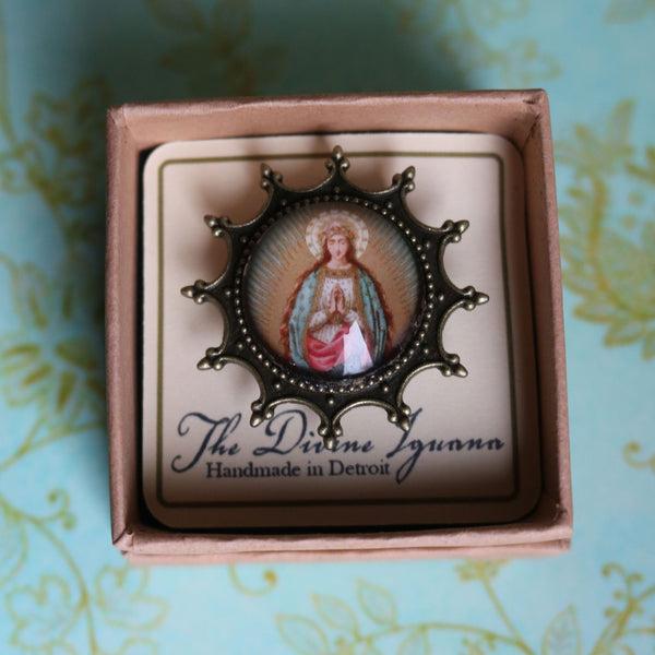 Madonna of Guadalupe Our Lady of the Stars  Reversed Decoupage Glass Brooch