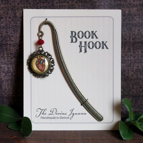 Human Heart Glass Cabochon Brass Book Hook / Bookmark