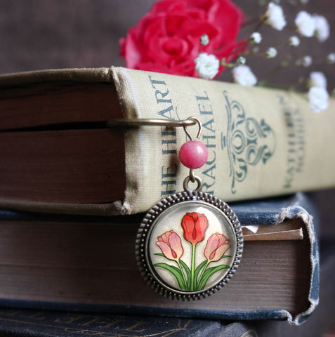 Spring Tulips Glass Cabochon Brass Book Hook / Bookmark