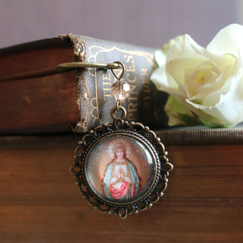Our Lady of the Stars, Madonna of Guadalupe Glass Cabochon Brass Book Hook / Bookmark