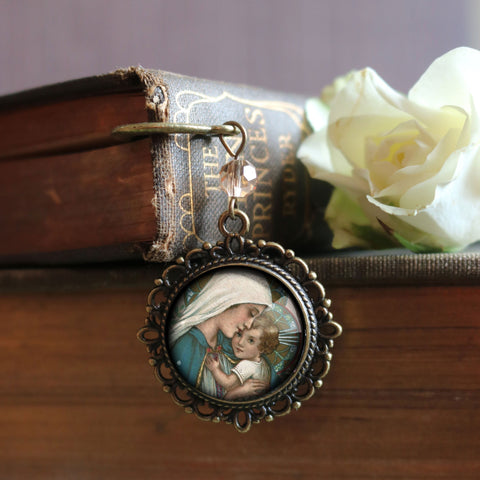 Mother Mary with the Christ Child Glass Cabochon Brass Book Hook / Bookmark