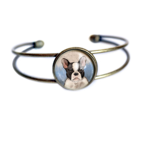 Best Friends French Bulldog Cuff Bracelet Antique Brass