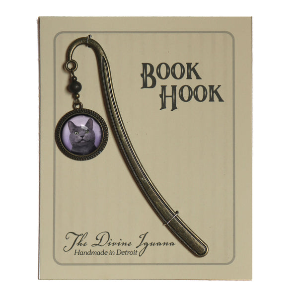 Russian Blue Cat Glass Cabochon Brass Book Hook / Bookmark