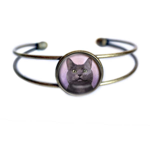 Russian Blue Grey Cat Cuff Bracelet