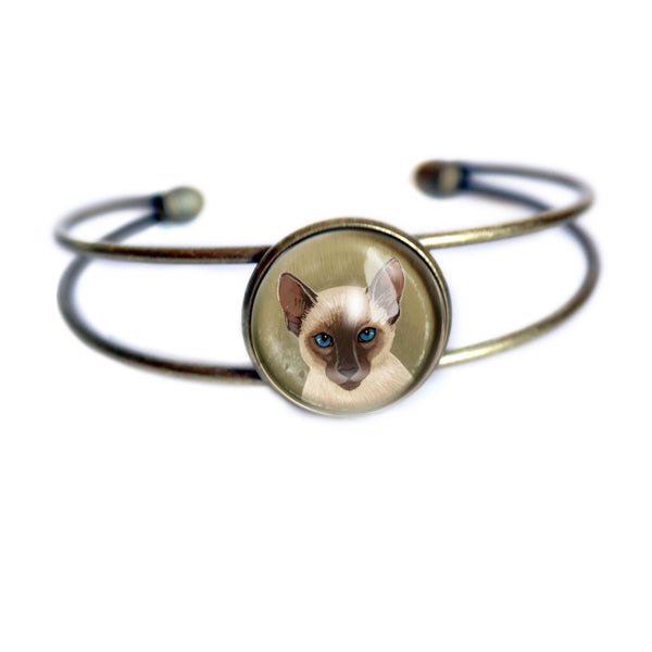 Siamese Cat Glass Cabochon Cuff Bracelet