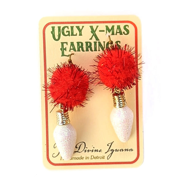 Ugly Christmas Earrings - Red Pom Poms with White Ornaments