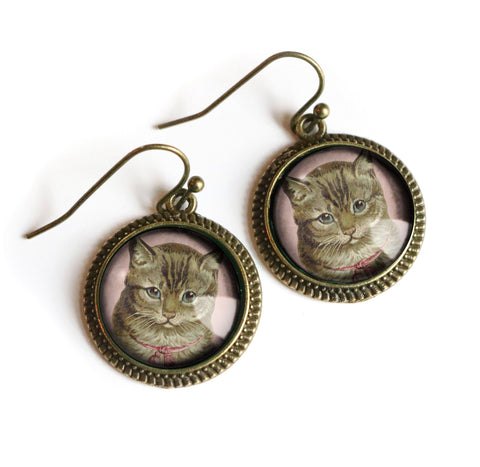 Victorian Tabby Cat Vintage Inspired Drop / Dangle Earrings