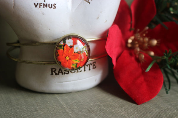 Victorian Christmas Red Poinsettia Holiday Bracelet / Bangle in Antique Brass
