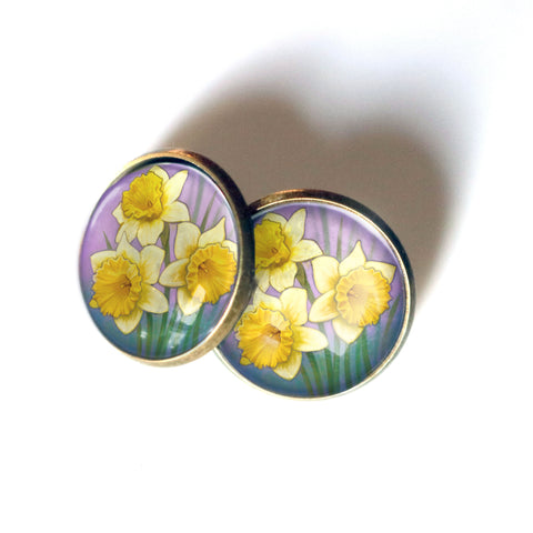 Art Nouveau Daffodil Glass Cabochon Stud Earrings