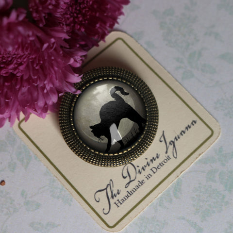 Black Cat on Grey Full Moon Vintage Inspired Pin Brooch