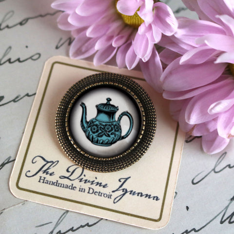 Blue Victorian Teapot Vintage Inspired Pin Brooch
