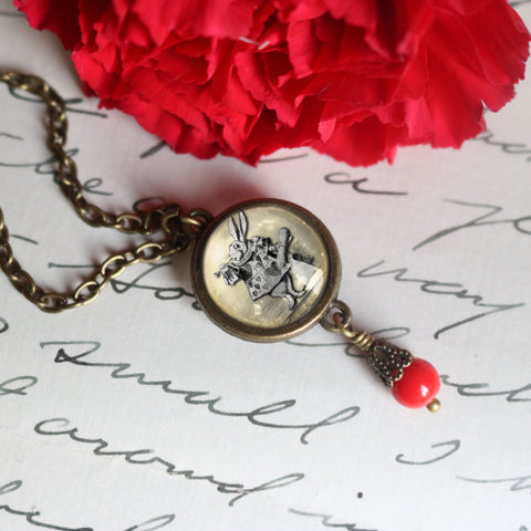 Alice in Wonderland White Rabbit Double-Sided Pendant Necklace with Red Glass Bead