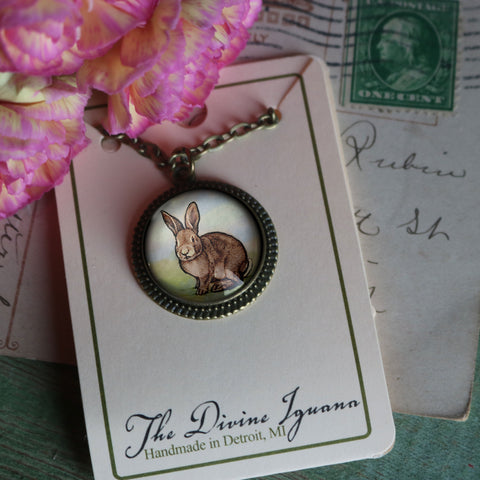 Baby Bunny Easter Rabbit Pendant Necklace in Simple Bronze Bezel