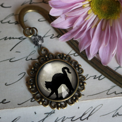 Black Cat on Grey Full Moon brass book hook bookmark with dangling glass cabochon accent