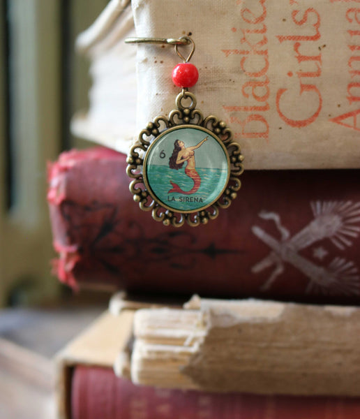 La Sirena Mermaid Loteria Themed Glass Cabochon Brass Book Hook / Bookmark