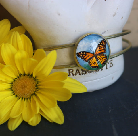 Monarch Butterfly Cuff Bracelet / Bangle in Antique Brass