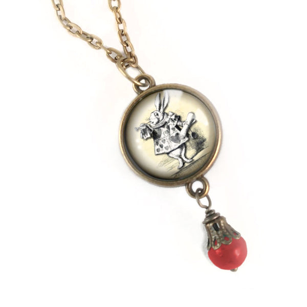 Alice in Wonderland White Rabbit Double-Sided Pendant Necklace with Red Glass Bead