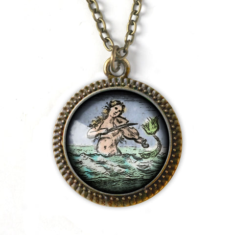 Ancient Mermaid Reversed Decoupage Glass Cabochon Pendant Necklace in Bronze Bezel