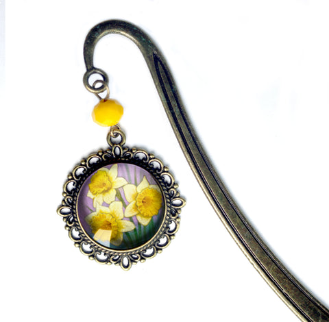 Art Nouveau Daffodil Glass Cabochon Brass Book Hook / Bookmark