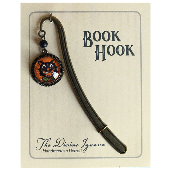 Retro Halloween Black Cat Glass Cabochon Brass Book Hook / Bookmark