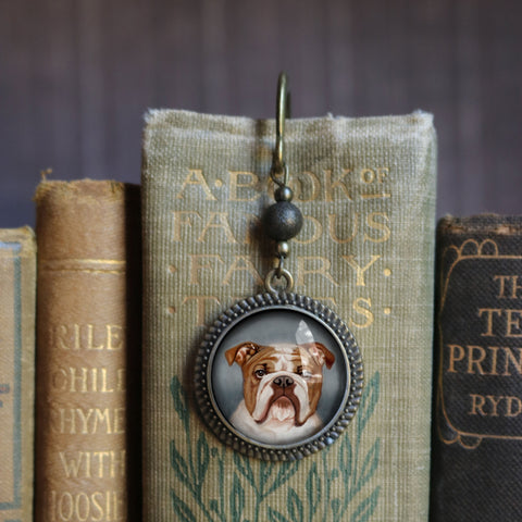 English Bulldog Glass Cabochon Brass Book Hook / Bookmark